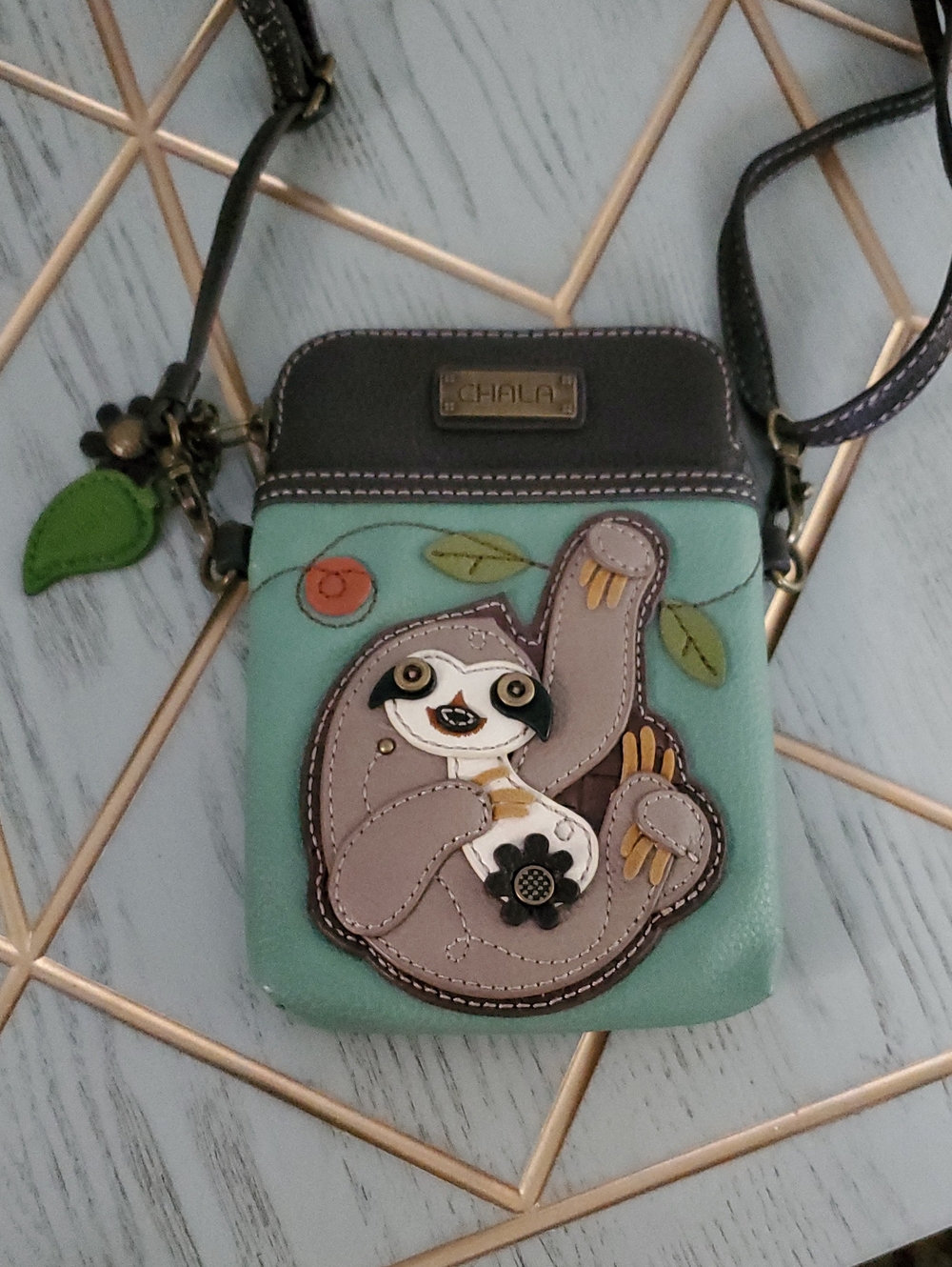 Chala Crossbody Phone Bag with Sloth Applique - Mint & Brown.